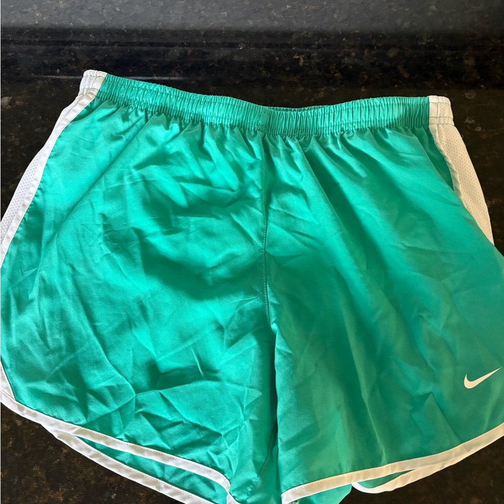 Nike Women's Teal-Green Athletic Shorts with White Trim